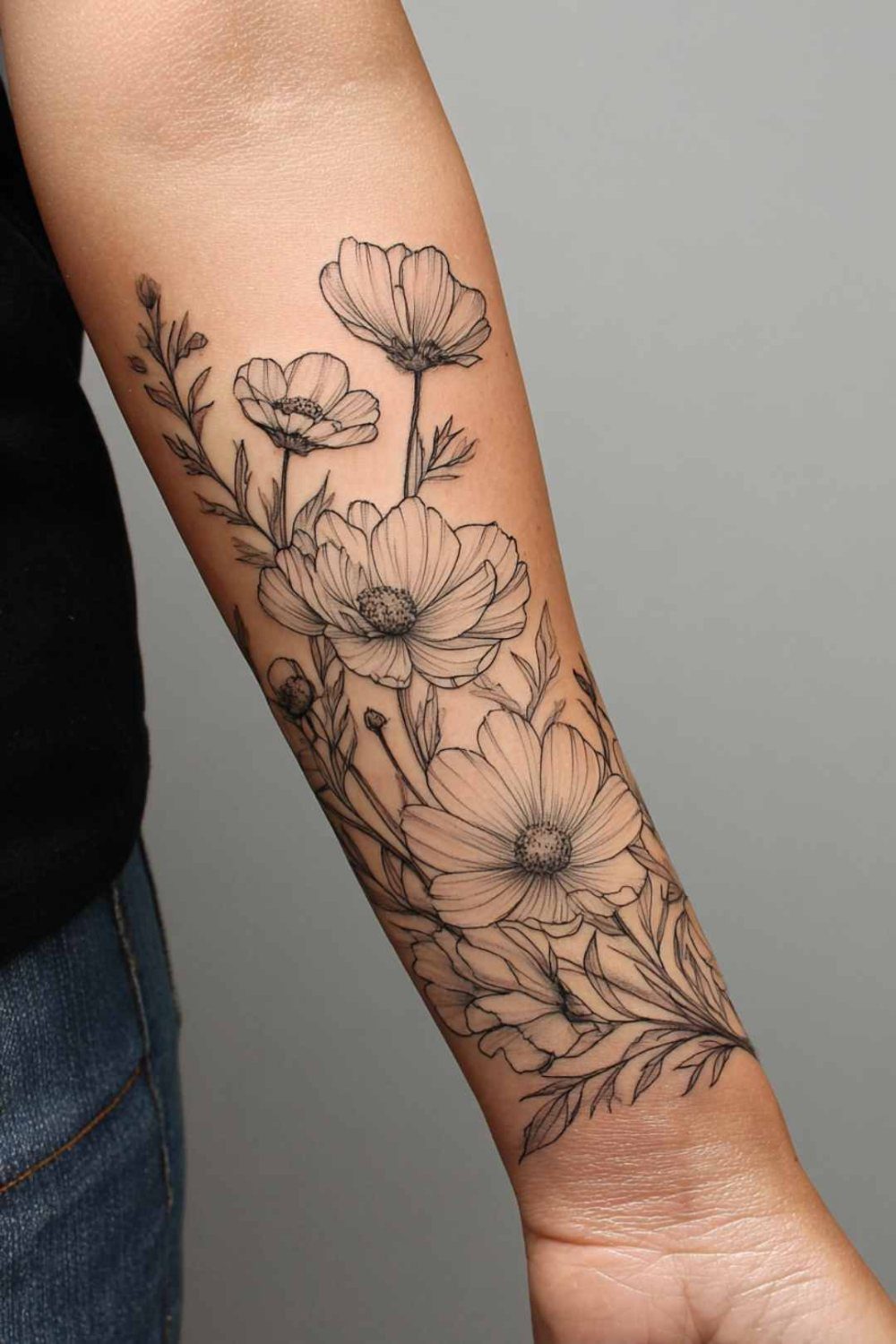 Black ink floral sleeve tattoo with large detailed flowers and leaves on a person's forearm.