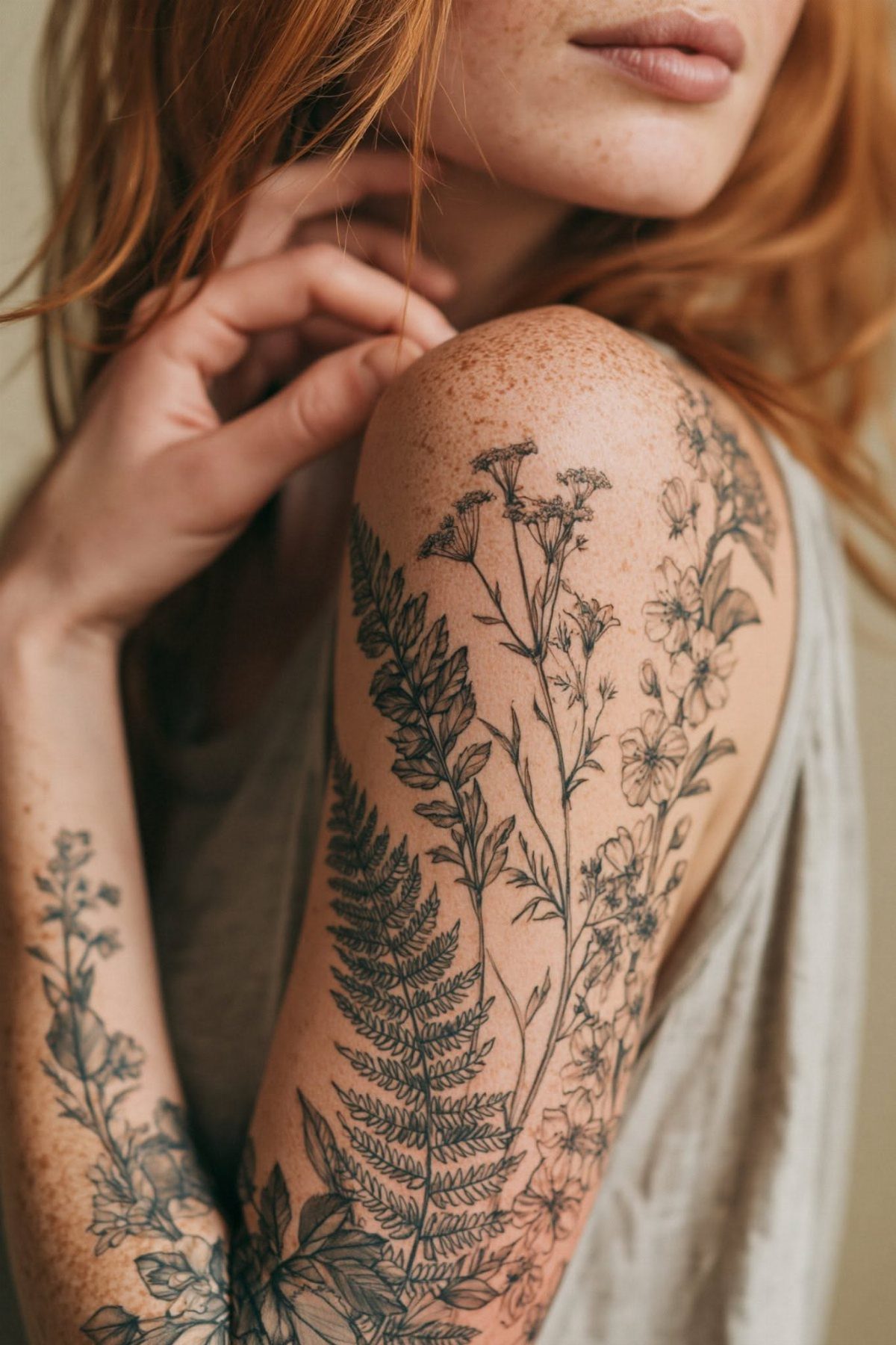 A person's shoulder and arm decorated with a detailed black ink botanical fern and wildflower tattoo.