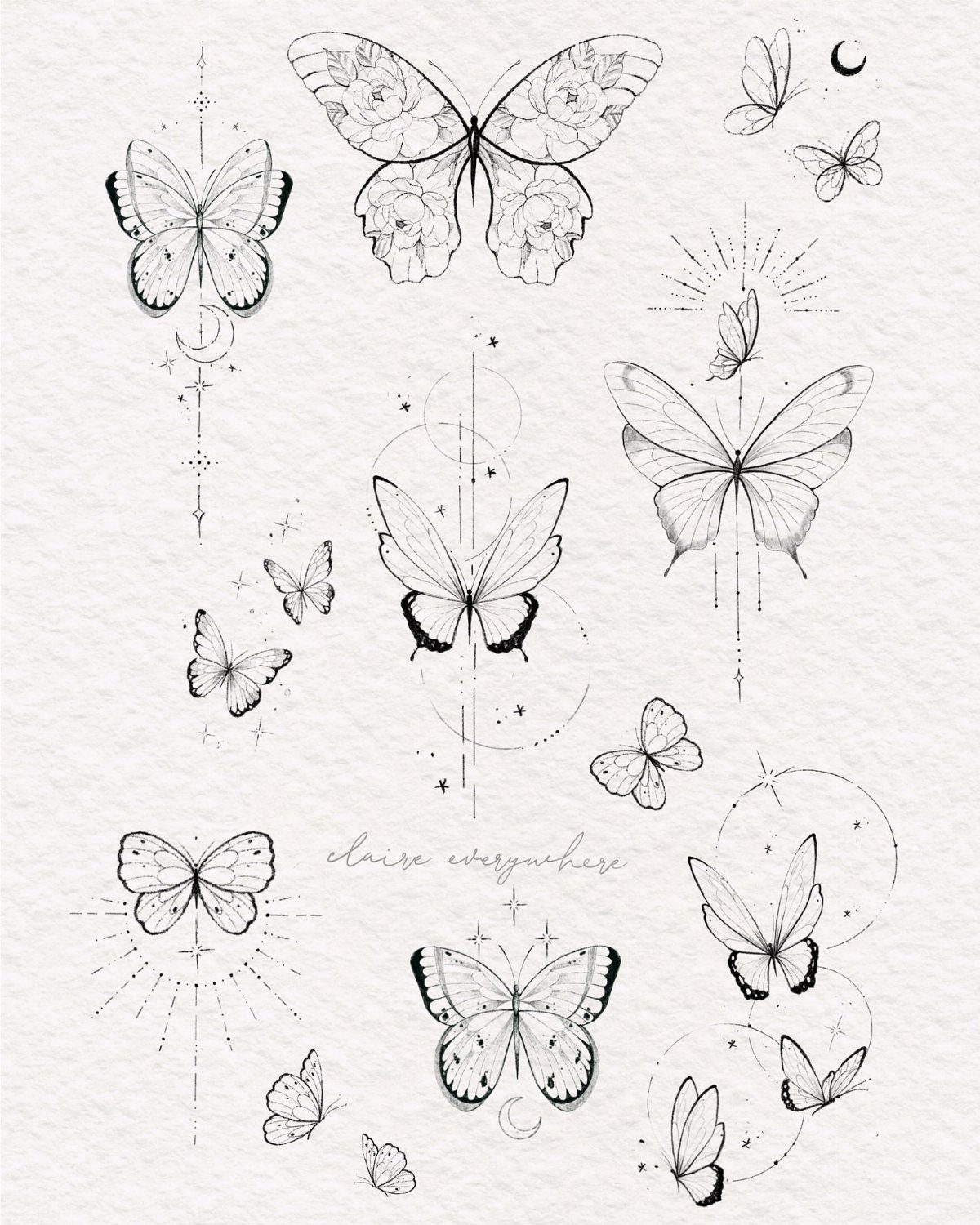 Various black ink butterfly sketches and line drawings on a textured off-white background.