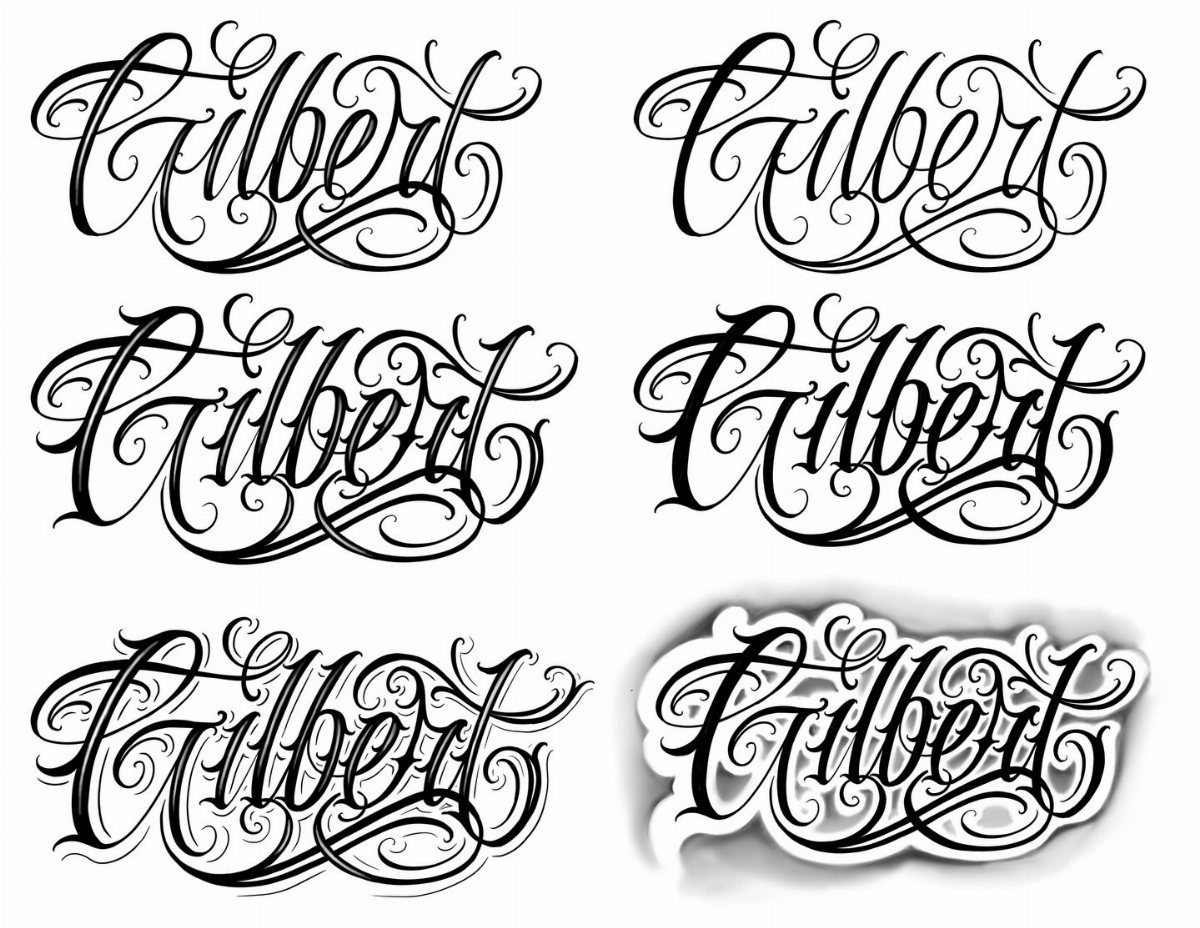 Six different black cursive calligraphy styles of the name Gilbert on a white background.