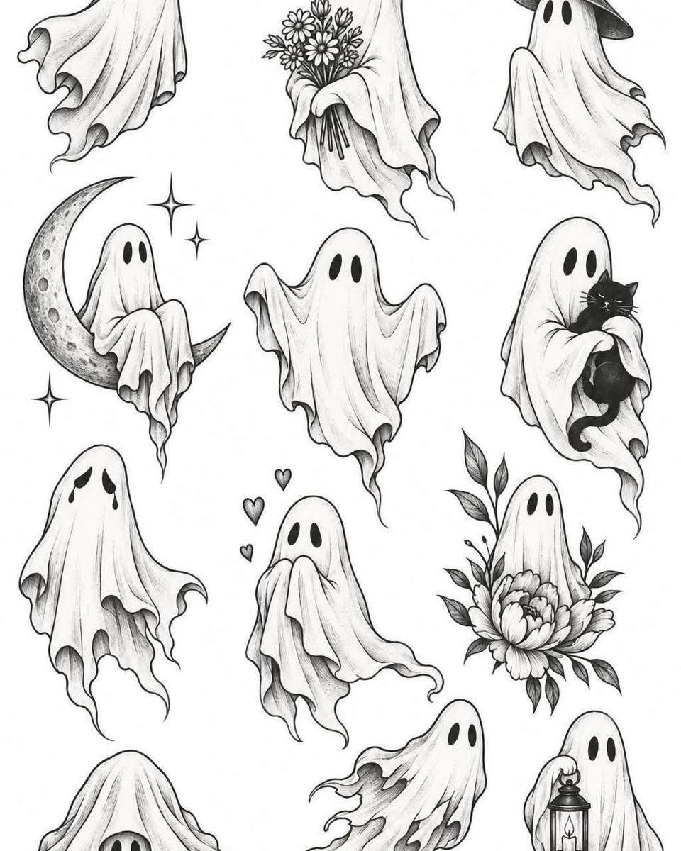 12 Easy Tattoo Drawings For Beginners, From Hearts to Tribal Flash 7 Black and white line art illustrations of various cute, simple ghost designs on a white background.