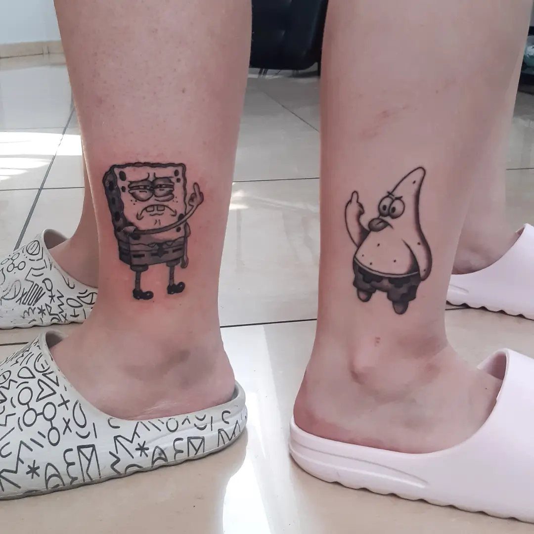 12 Easy Tattoo Drawings For Beginners, From Hearts to Tribal Flash 9 Two lower legs featuring black ink tattoos of SpongeBob and Patrick Star characters.