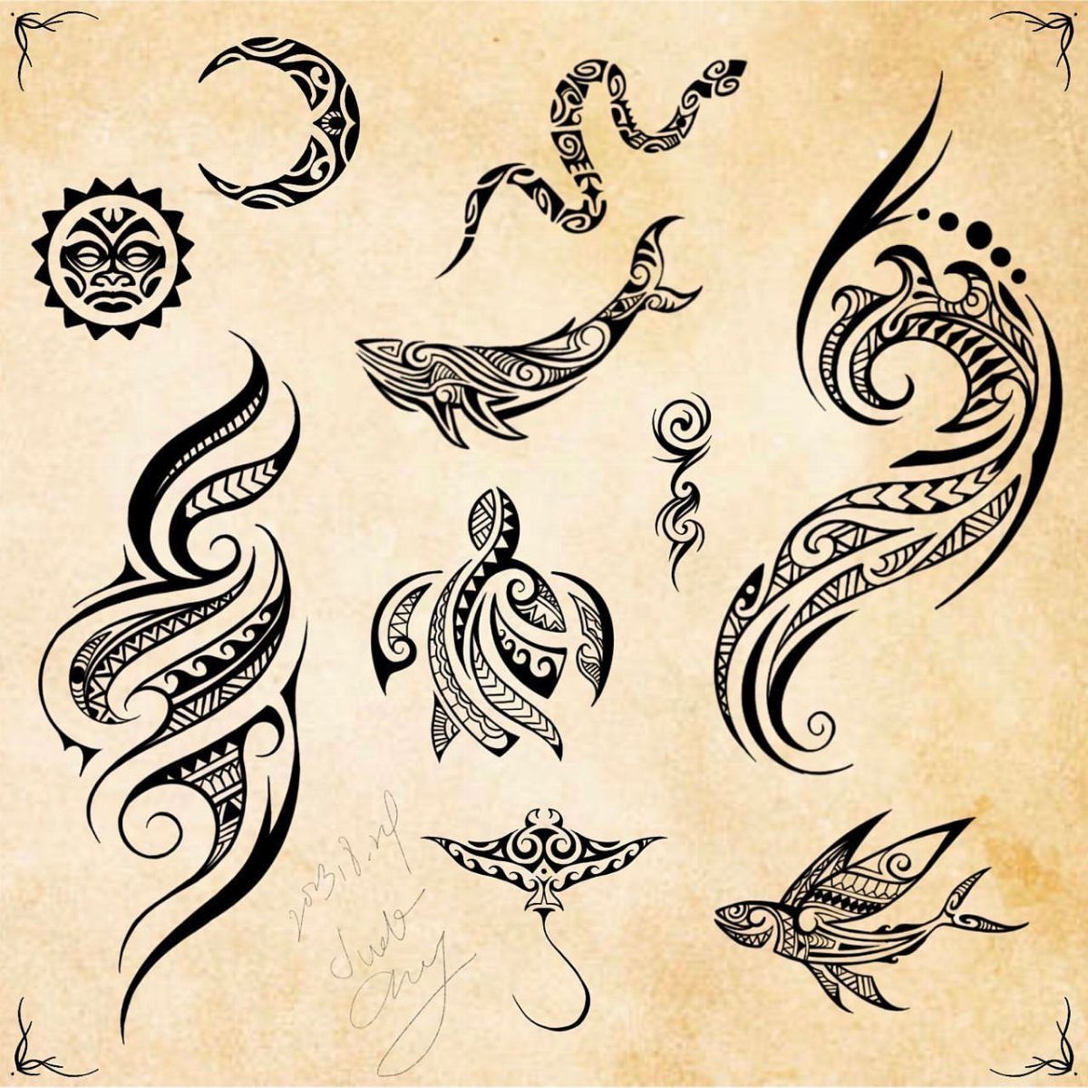 12 Easy Tattoo Drawings For Beginners, From Hearts to Tribal Flash 12 Various black tribal tattoo designs including a sun, moon, whale, and turtle on parchment.