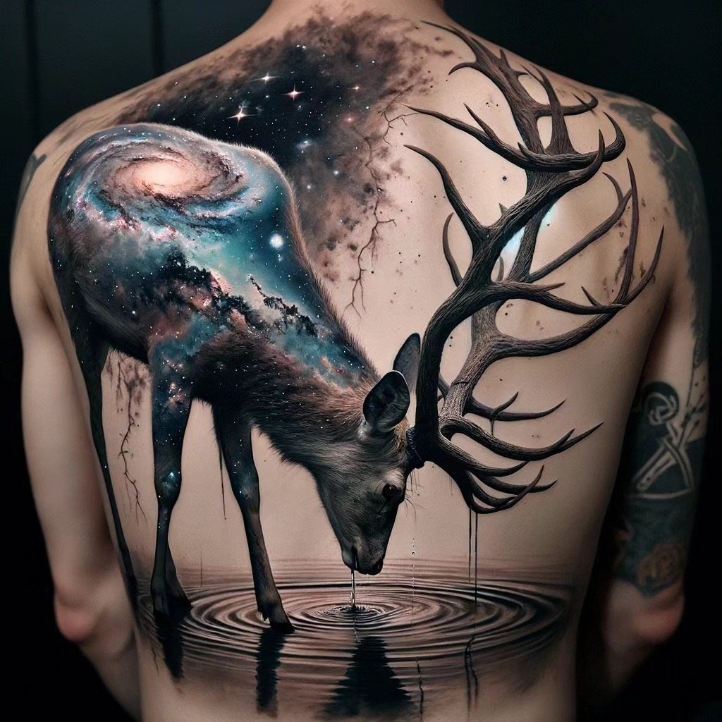 A large back tattoo of a deer with a galaxy pattern inside its body drinking water.
