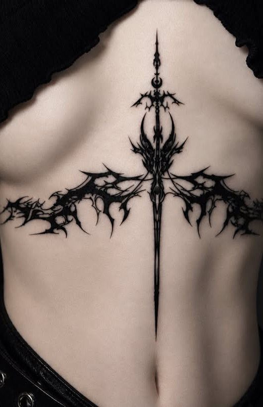 A black tribal tattoo with sharp, symmetrical, jagged lines centered on a person's sternum.