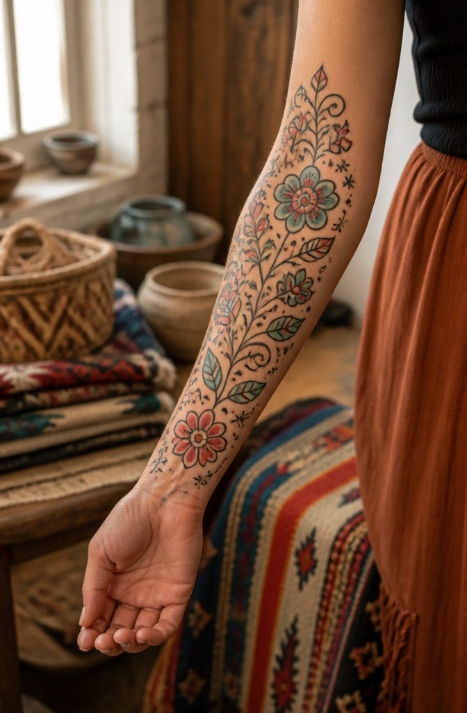 Full Body Tattoo Design for Women: Styles, Placement and Personal Meaning 7 Close-up of an Ojibwe floral tattoo on a woman's forearm.