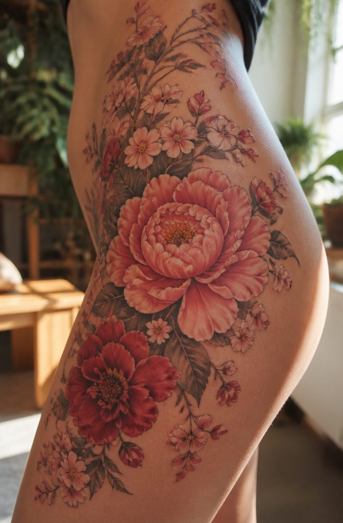Full Body Tattoo Design for Women: Styles, Placement and Personal Meaning 1 Close-up of a floral tattoo featuring peonies and cherry blossoms.