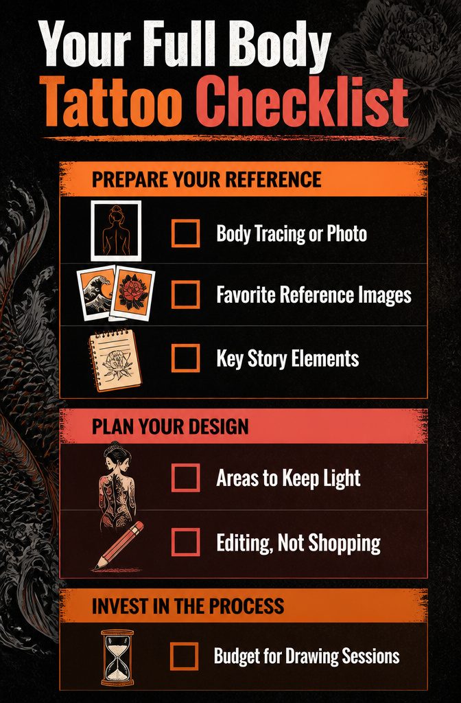 Full Body Tattoo Design for Women: Styles, Placement and Personal Meaning 9 A checklist image for full body tattoo design considerations.