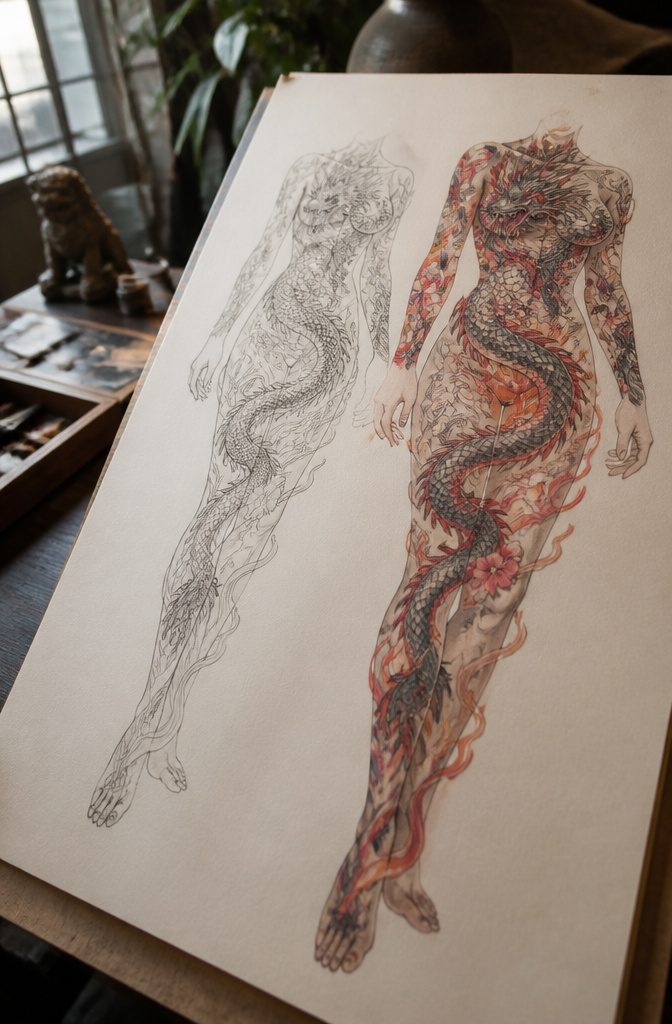 Full Body Tattoo Design for Women: Styles, Placement and Personal Meaning 3 Full body tattoo design featuring a dragon in a dynamic pose.