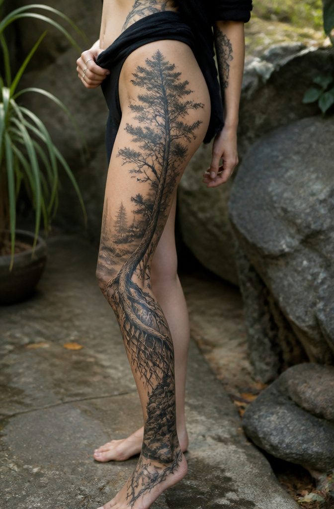 Full Body Tattoo Design for Women: Styles, Placement and Personal Meaning 4 Full-body tattoo design of a pine tree with detailed roots.