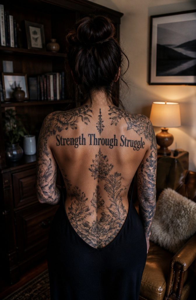 Full Body Tattoo Design for Women: Styles, Placement and Personal Meaning 6 Text-based tattoo with the phrase 'Strength Through Struggle' on the back.