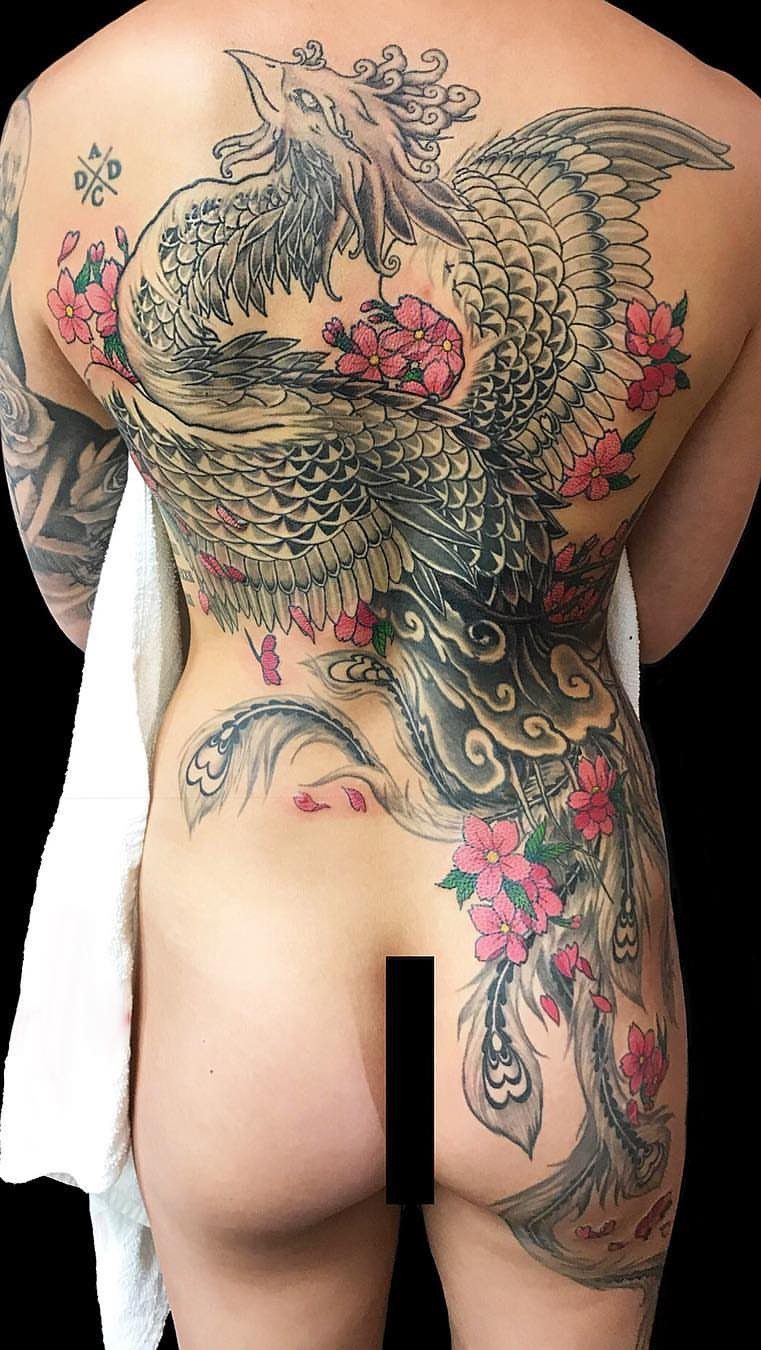 A large phoenix tattoo with pink cherry blossoms covering a person's entire back.