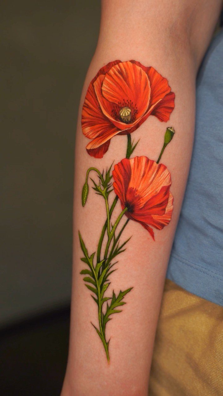 13 Large Flower Tattoo Ideas for Your Next Big Bloom 8 A detailed tattoo of two red poppy flowers with green stems on a person's arm.
