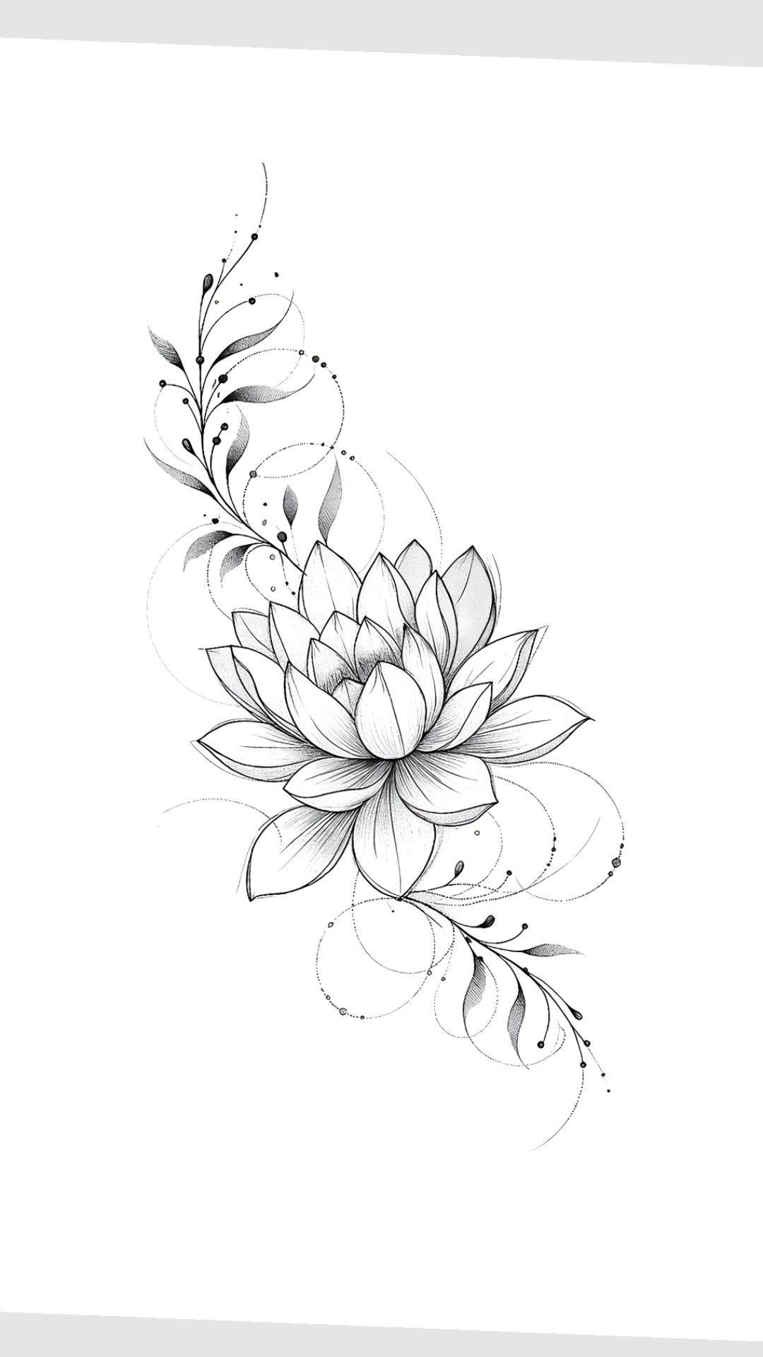 Black and white line art drawing of a lotus flower with swirling vines and leaves.