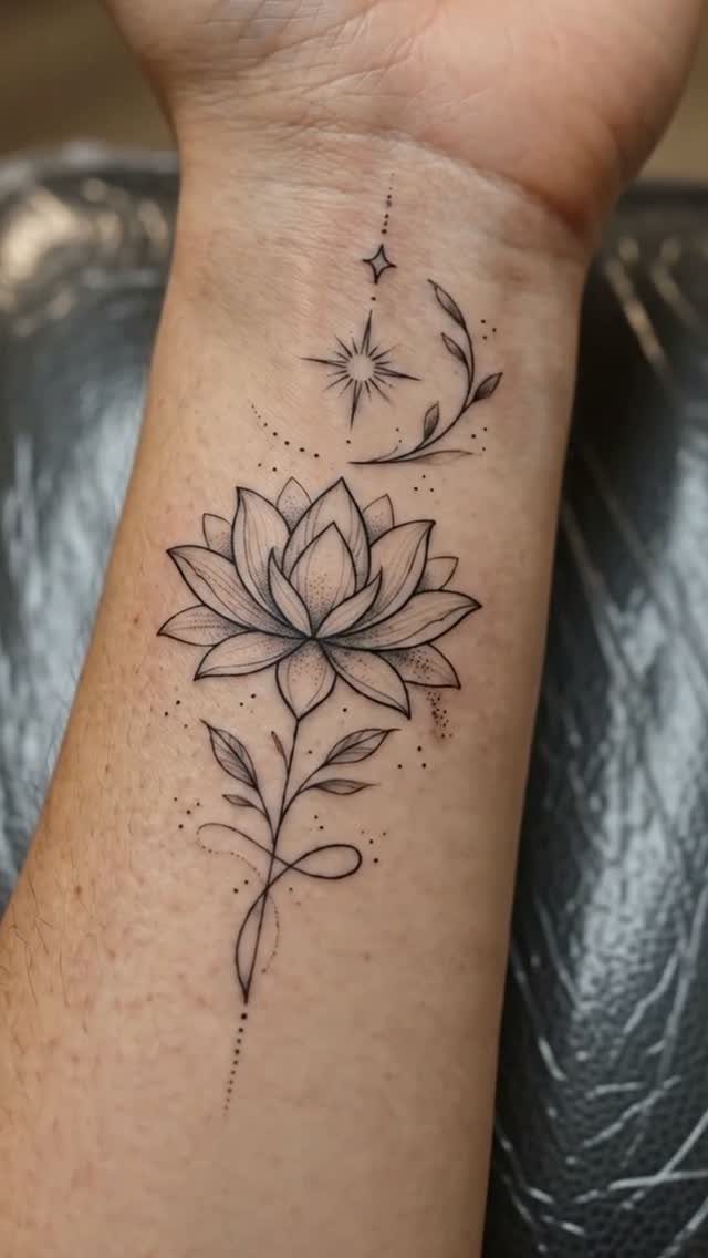 A fine-line black ink lotus flower tattoo with a vine and stars on a wrist.