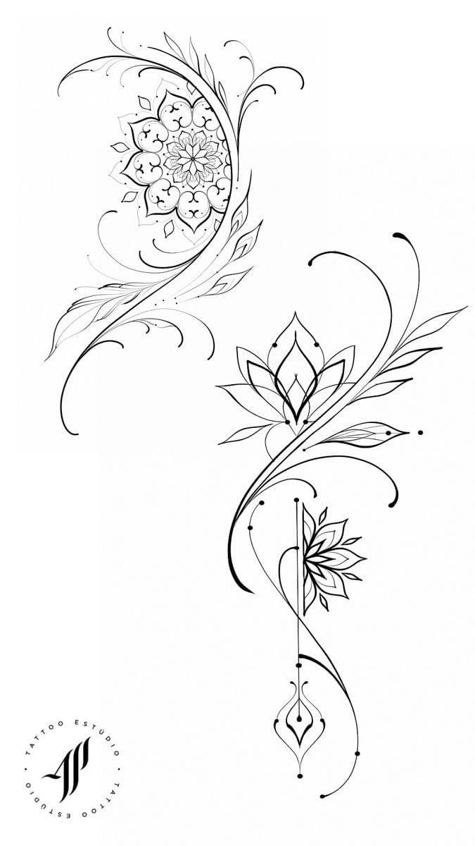 Two black ink lotus flower and vine tattoo designs on a white background.