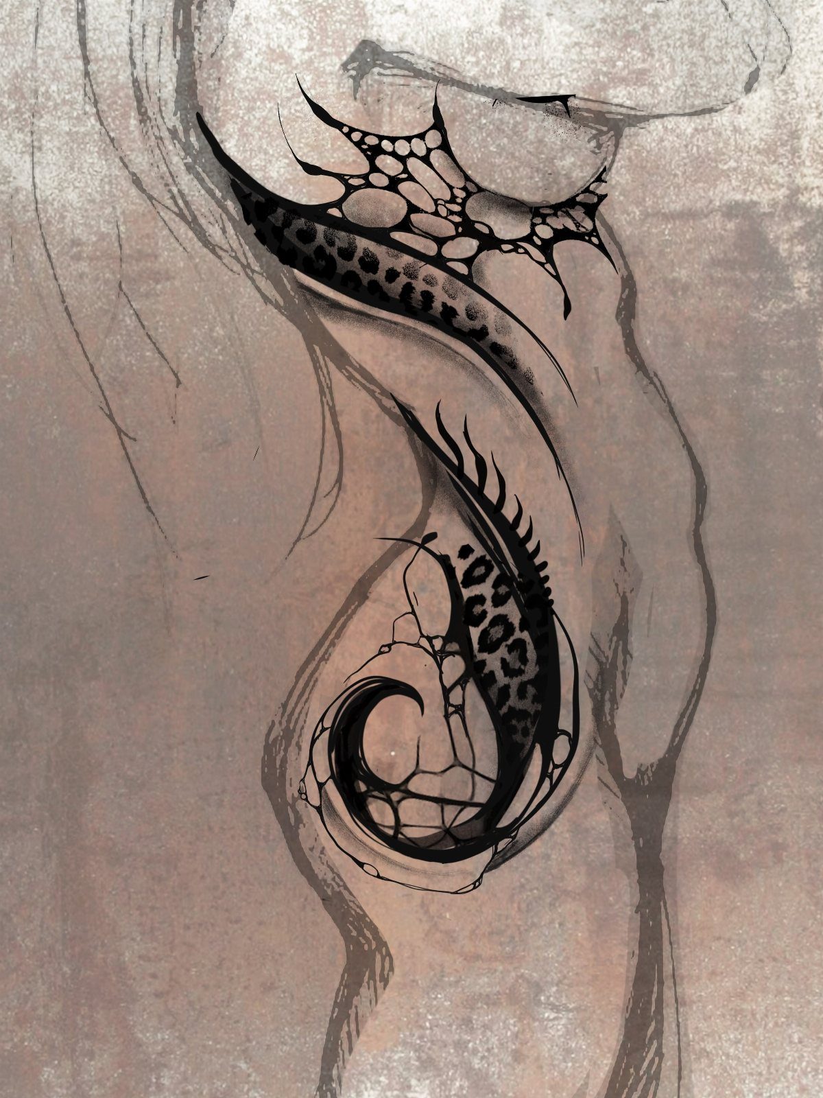 Black ink tattoo design with spiky, organic patterns and leopard print textures on a person's torso.