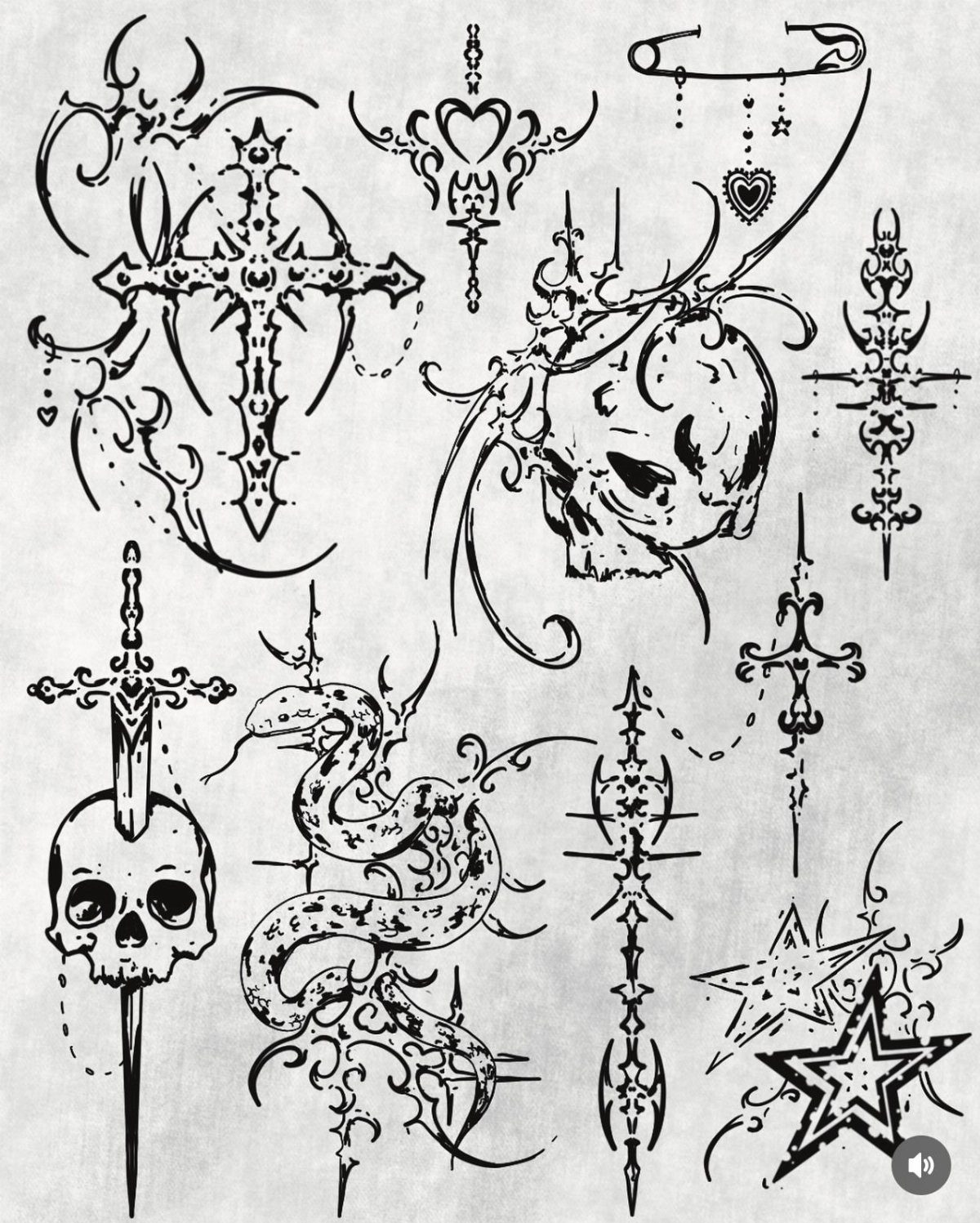 Black ink neo-tribal tattoo flash designs featuring crosses, skulls, snakes, and stars.