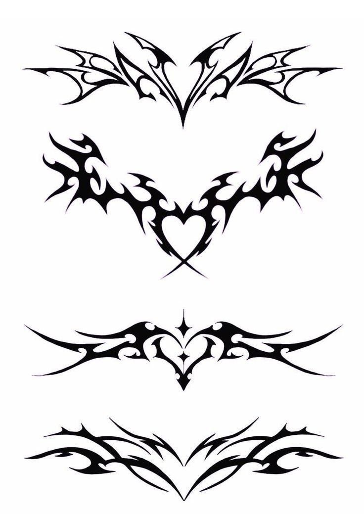 Four black symmetrical tribal tattoo designs with sharp spiky patterns on a white background.
