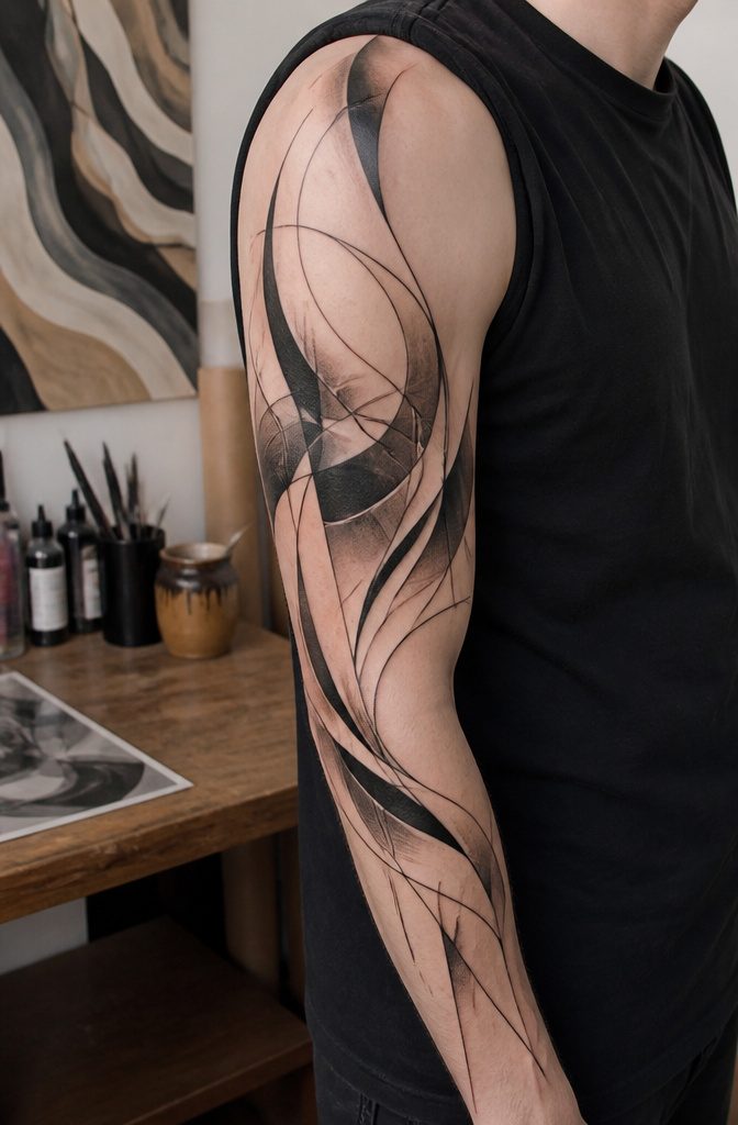 Abstract tattoo on an upper arm with fluid black curves and geometric lines.