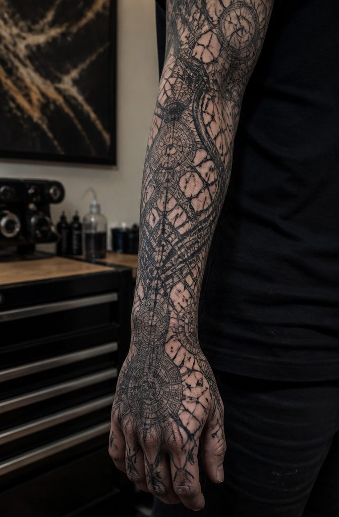 Close-up of blackwork tattoos resembling alien vascular networks on a forearm.