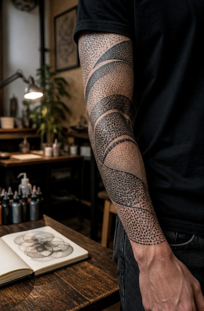 Dotwork tattoo on a forearm displaying a pattern of tightly packed dots.