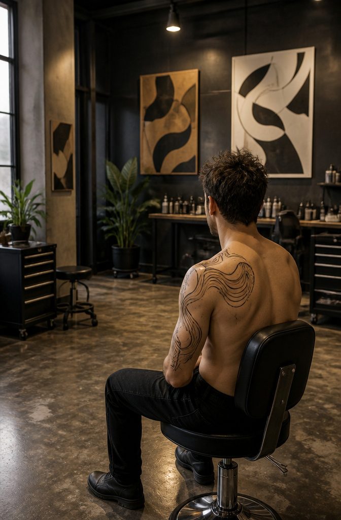 Ornamental abstract tattoo covering the shoulder and collarbone area.