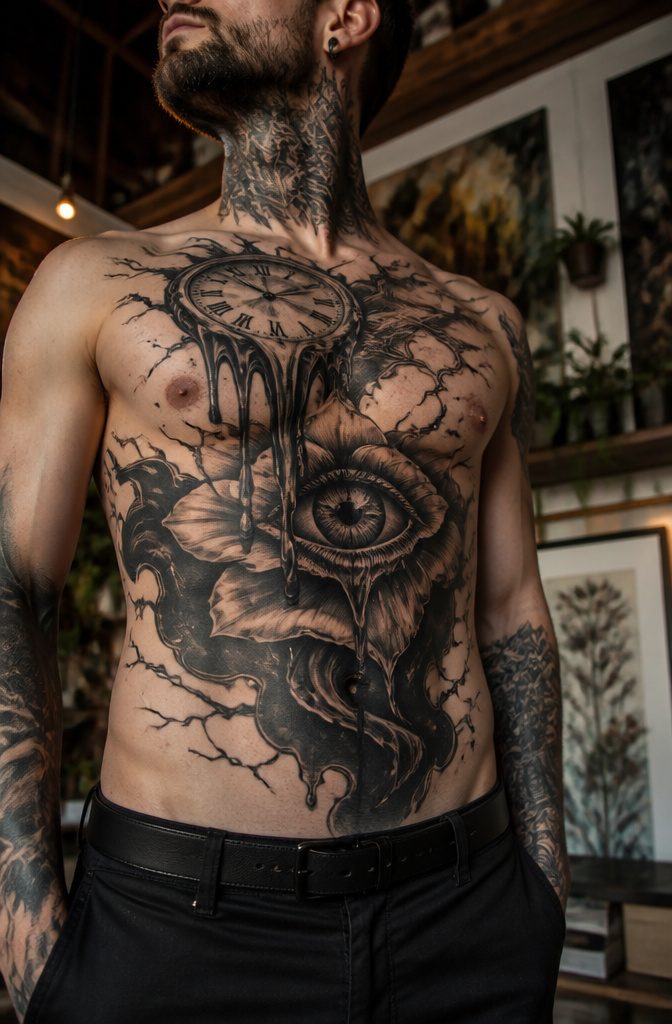 Surrealistic blackwork tattoo showing a melting clock and an eye inside a flower.
