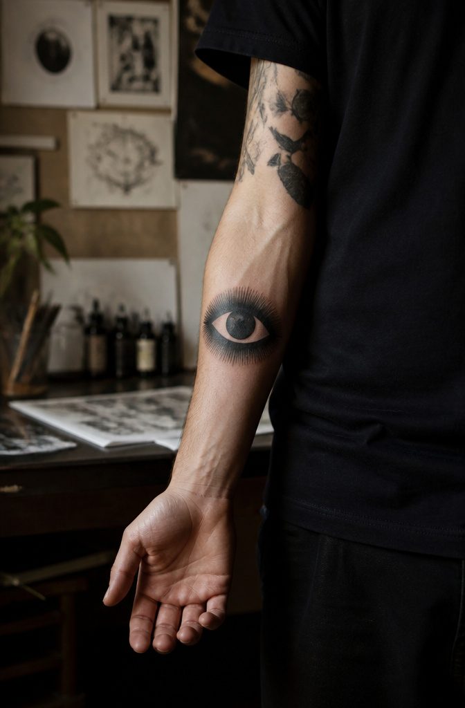 Tattoo of an eye motif rendered in solid black with flame-like tendrils.