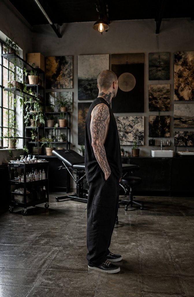 Tattoo artist working with a client on a non-figurative tattoo design.