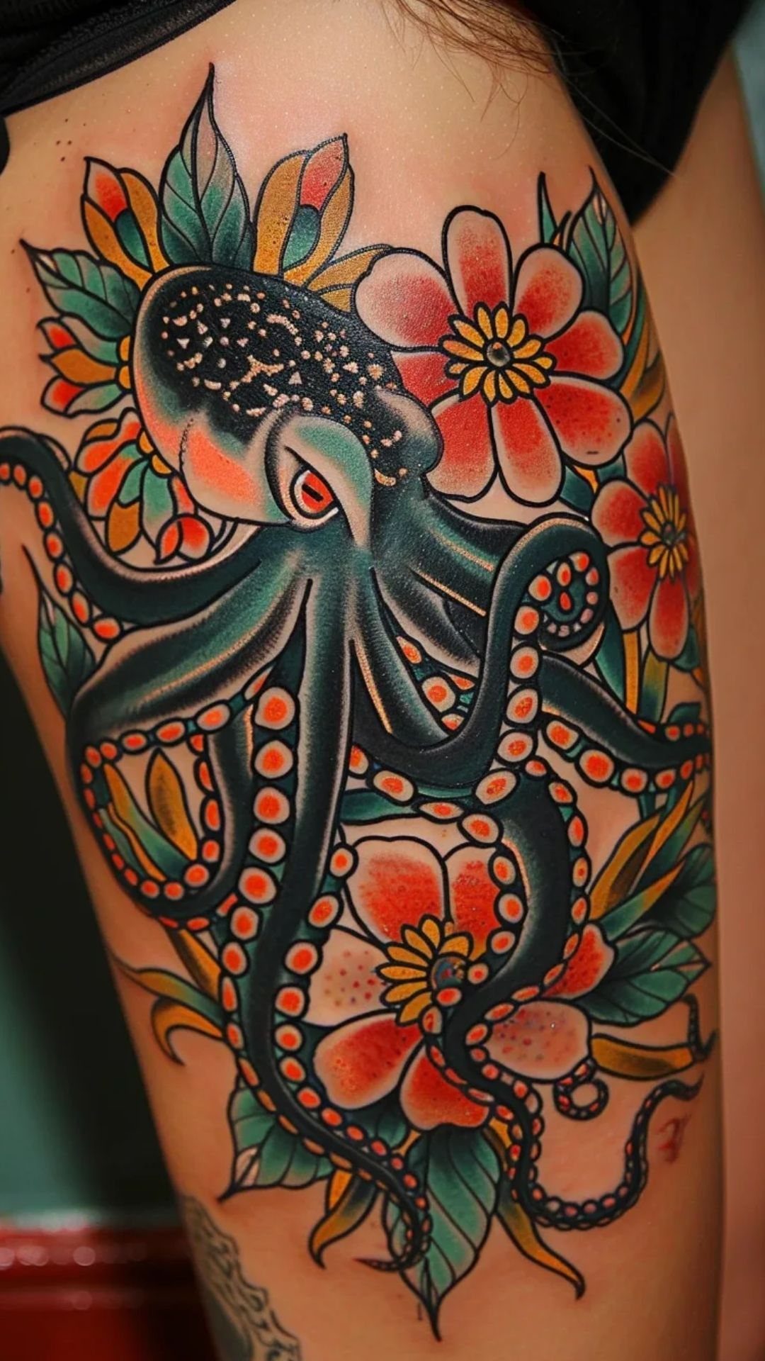 10 Ocean Themed Tattoos: From Fine Line Turtles to Black and Grey Mantas 1 A colorful traditional style octopus tattoo surrounded by bright red and orange flowers on skin.