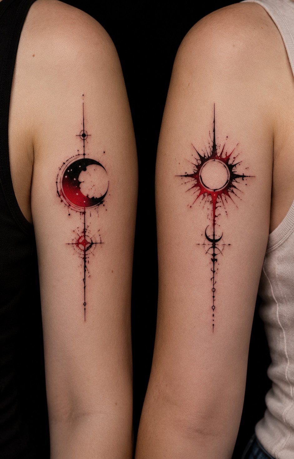 Two vertical tattoos on arms featuring a red and black sun and moon design.