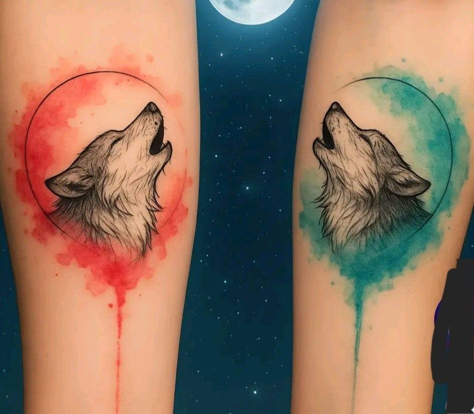Two wolf head tattoos with red and teal watercolor backgrounds on human skin.