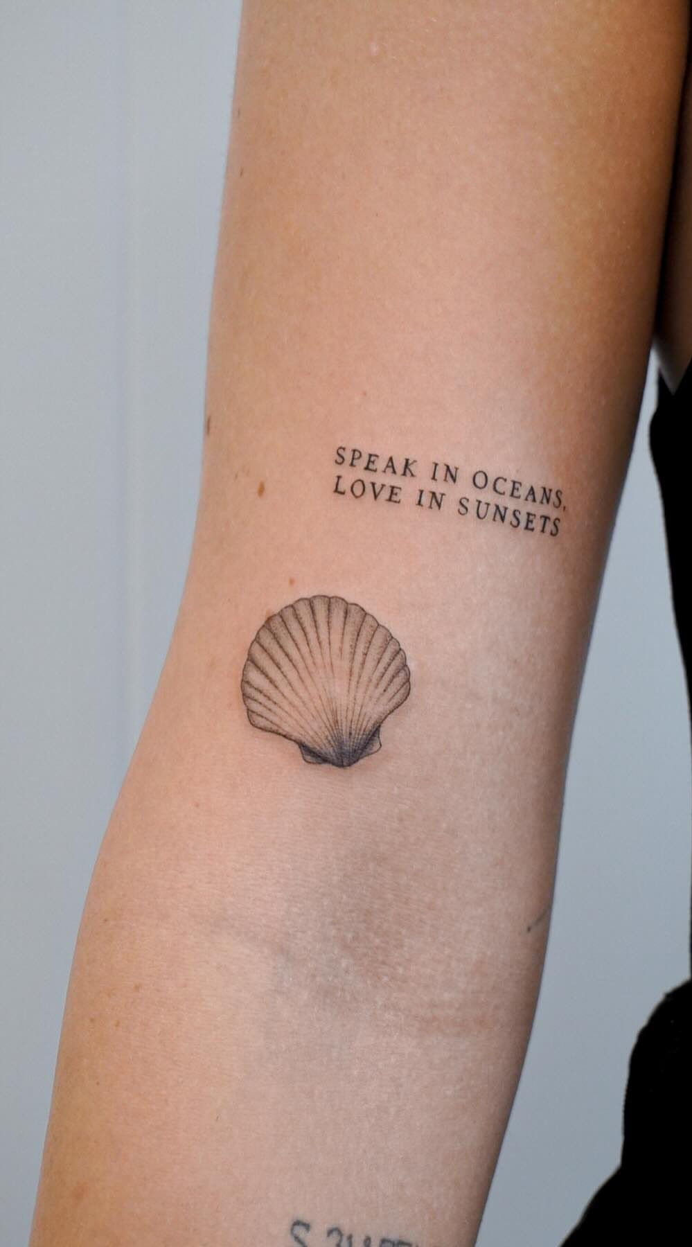 A seashell tattoo and a text tattoo on a person's arm.