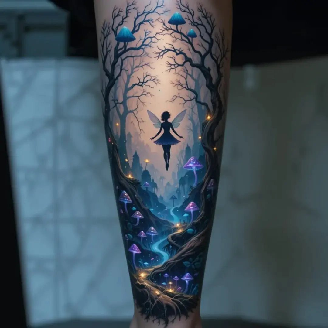 A detailed gothic fairy tattoo on a leg featuring dark trees and glowing blue mushrooms.