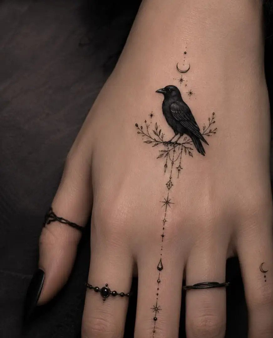 A black raven tattoo with stars and a crescent moon on a person's hand.
