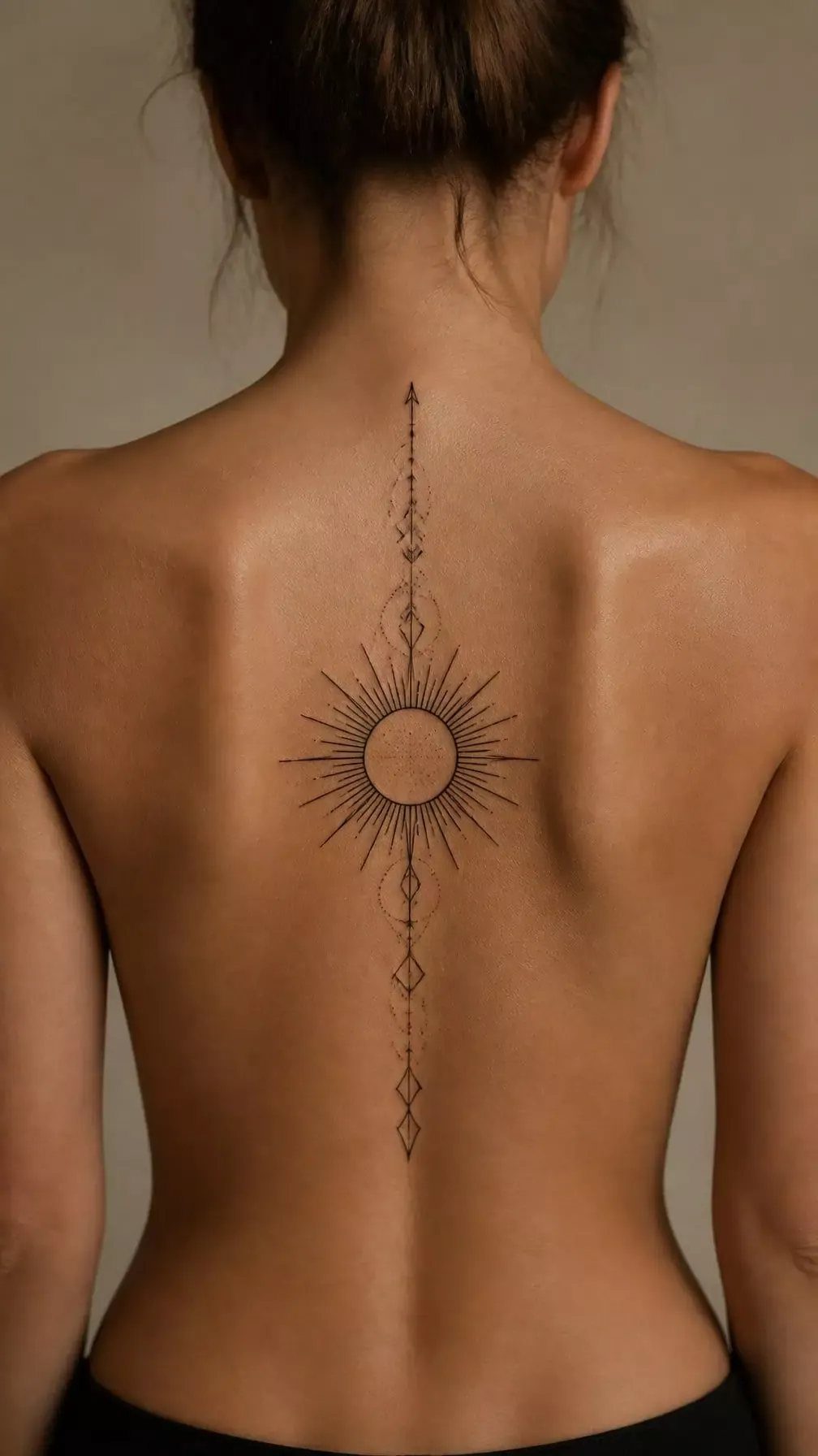 A woman's back featuring a vertical spine tattoo with a sunburst and geometric diamond shapes.