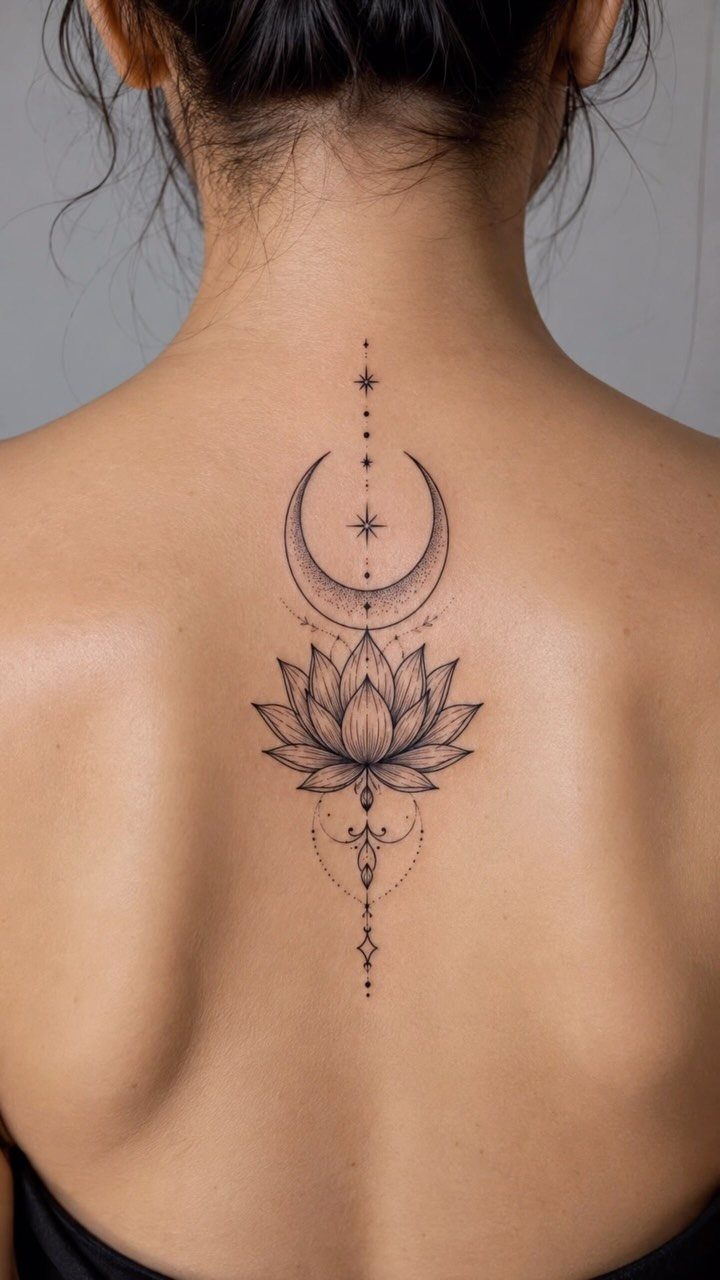 A black ink fine line lotus flower and crescent moon tattoo on a woman's spine.