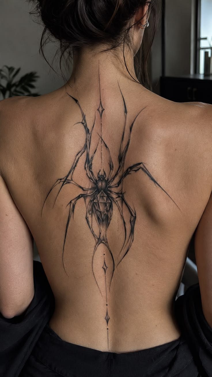A large black spider tattoo with geometric elements centered on a woman's bare back.