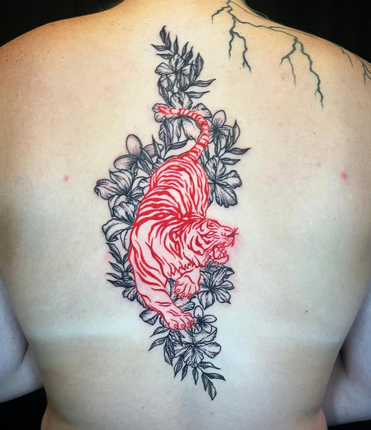 A red tiger tattoo surrounded by black floral patterns on a person's back.