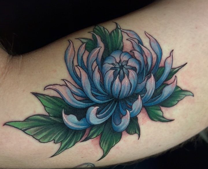 22 Tattoo Pattern Floral Ideas for Arms, Ribs & Full Sleeves 15 A blue and purple chrysanthemum tattoo with green leaves on a person's arm.