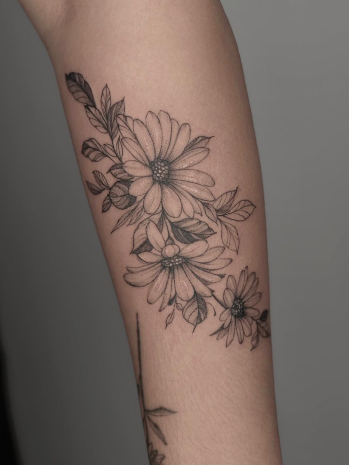 22 Tattoo Pattern Floral Ideas for Arms, Ribs & Full Sleeves 7 Black and grey daisy flowers tattooed on a person's forearm with detailed petals and leaves.