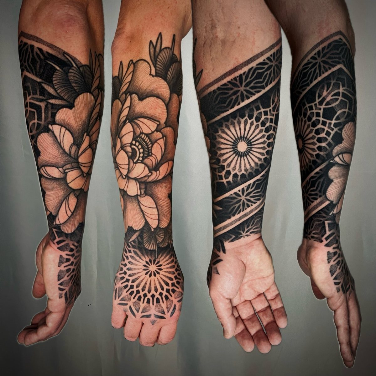 22 Tattoo Pattern Floral Ideas for Arms, Ribs & Full Sleeves 21 Four tattooed forearms displaying intricate blackwork floral and geometric mandala patterns.