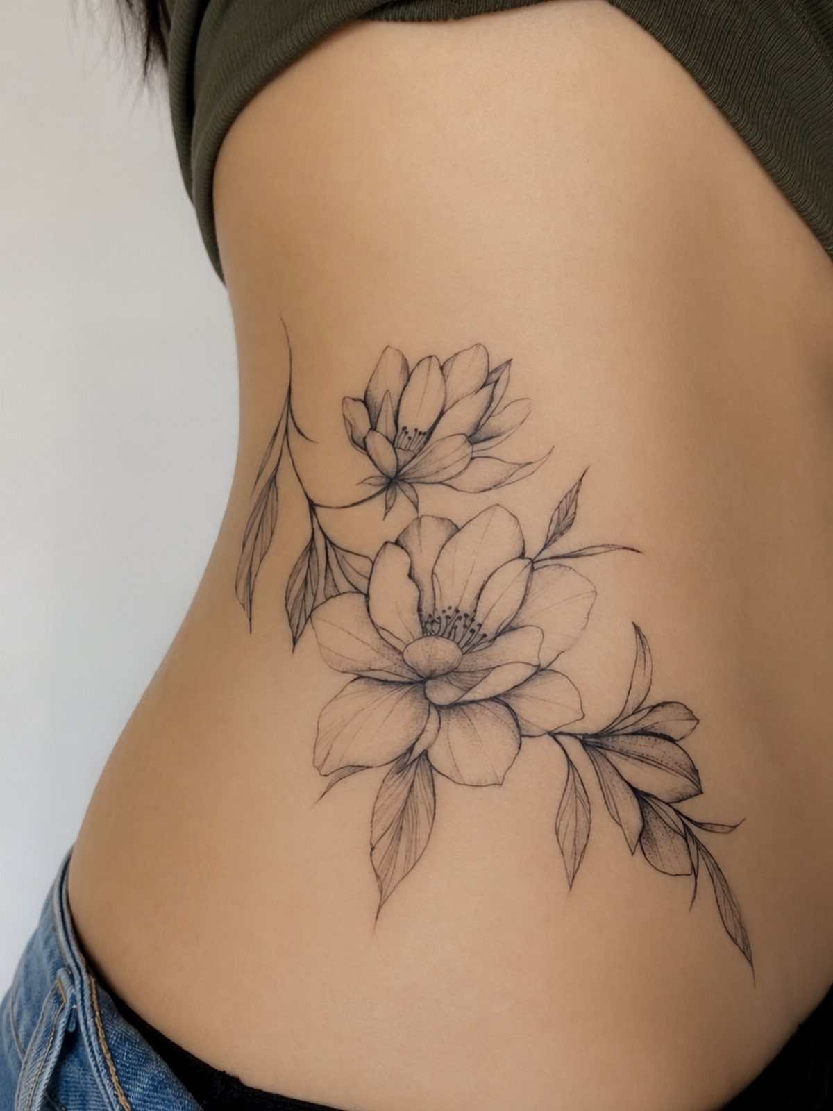 22 Tattoo Pattern Floral Ideas for Arms, Ribs & Full Sleeves 18 A fine line black ink magnolia flower tattoo on a person's ribcage.