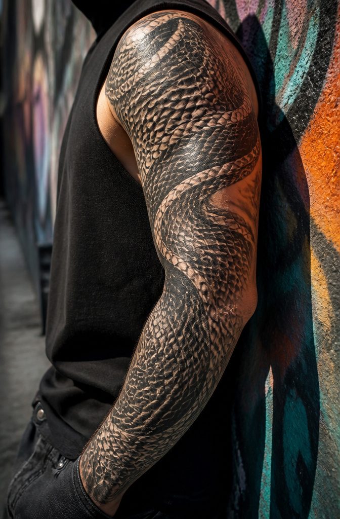 Tattoo of overlapping animal textures resembling snake scales.