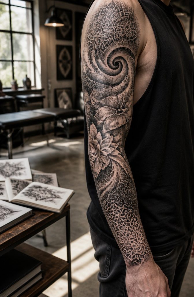Full sleeve tattoo featuring intricate dotwork and stippling.