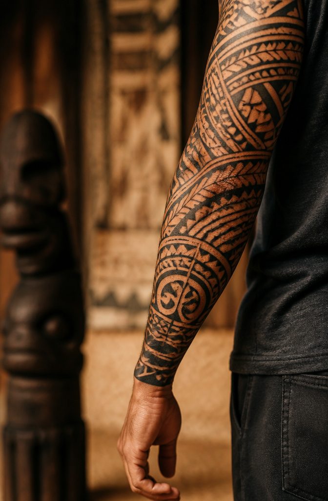 Tattoo design inspired by cultural patterns and symbols.