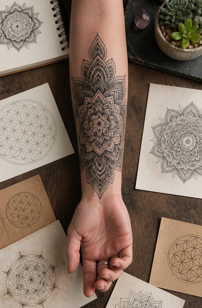 Tattoo of a mandala with intricate textures.