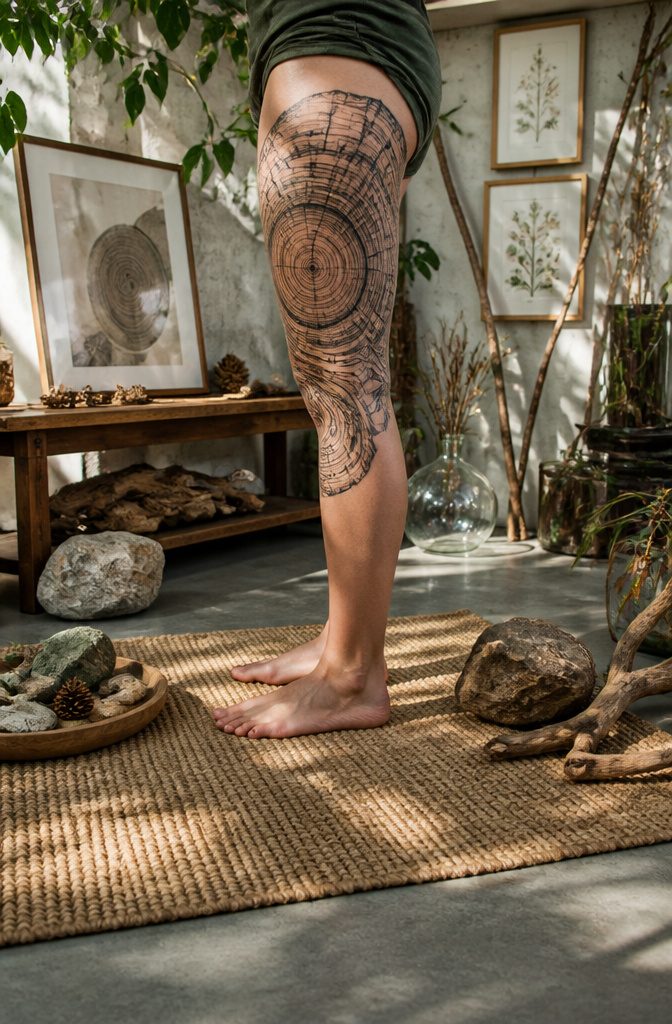 Forearm tattoo depicting tree rings as a pattern.
