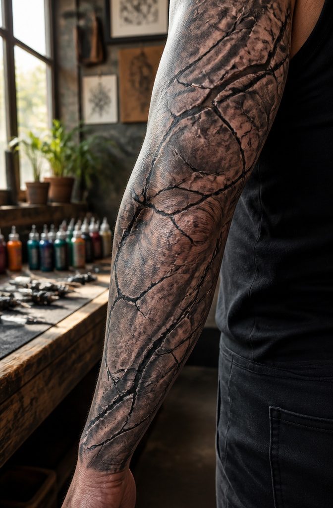Forearm tattoo with rugged stone-like textures.